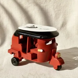 Hand-Carved Sri Lankan Red Tuk-Tuk & Surfboard Sculpture